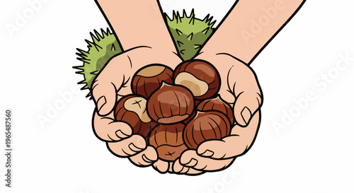 Hands holding a pile of brown chestnuts and spiky green husks