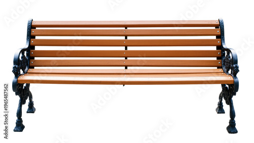 Konstfotografi Isolated traditional wooden park bench with ornate black metal frame, frontal vi