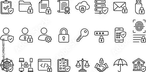 Cyber Security and Data Protection Line Icon Set with Encryption Password Privacy Firewall Authentication Secure Access and Network Safety Symbols