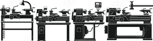 Lathe machine industrial equipment silhouette set, metalworking tools, factory manufacturing machinery, cad drawing flat vector illustration, flavector, mechanical engineering, workshop