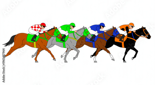 Group of horses racing on a track with colorful silks and jockeys Vector