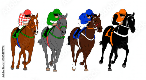 Four jockeys riding horses in a colorful racing lineup Vector