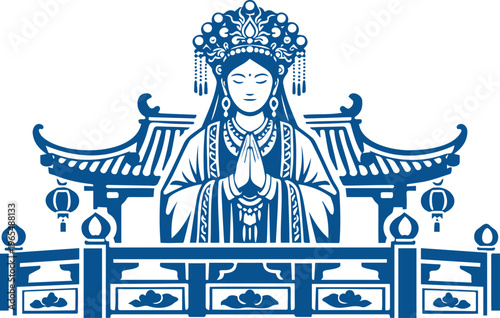 Mazu Goddess on Traditional Chinese Temple Balcony Offering Blessings