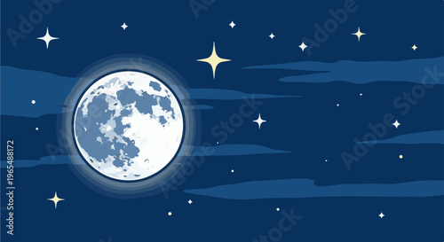 Full moon illuminated with stars and clouds in a dark blue night sky