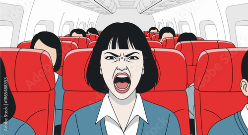 Furious woman in blue suit yelling aggressively while flying on an airplane