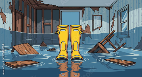 Flooded interior with yellow boots and debris