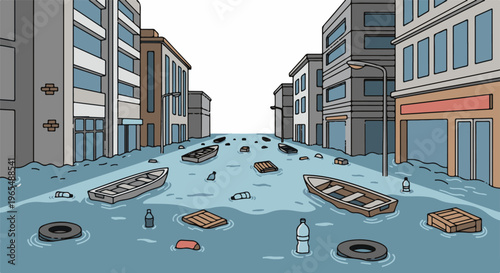 Flooded city street with buildings and boats navigating the submerged road