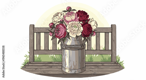 Floral arrangement in a milk can on a rustic bench with green foliage