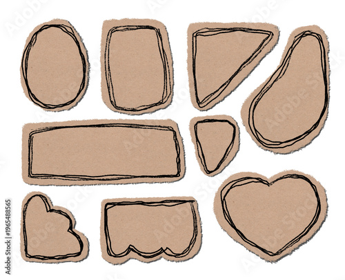 Assorted paper label cutouts on transparent background with kraft shapes and hand drawn borders for sticker mockups stationery and packaging design elements
