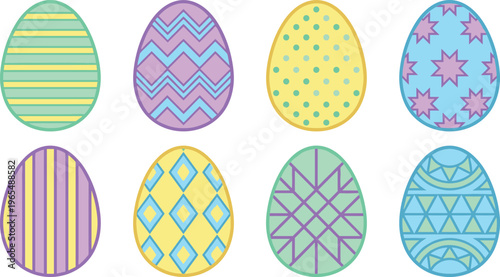 Decorative Easter Egg Icon Set with Geometric Patterns Stripes Dots Zigzag and Abstract Designs for Spring Holiday Celebration Graphics