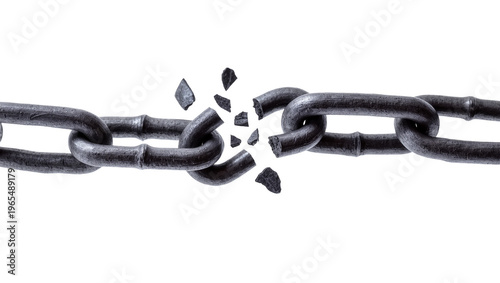 Isolated broken metal chain link showing strength, weakness, freedom, and shattered fragments