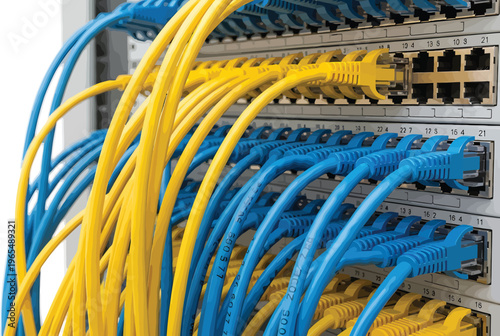 Network Switch with Blue and Yellow Ethernet Cables