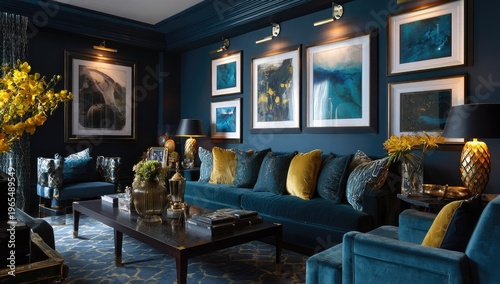 Elegant living room with deep blue walls, art, velvet sofa, and golden accents