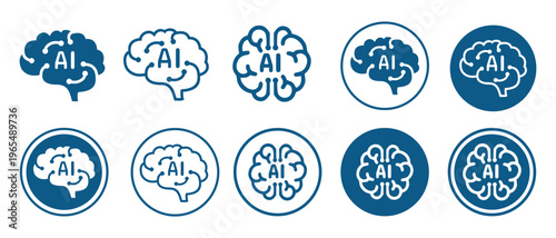 AI brain icon set in a circle. Editable vector.	
