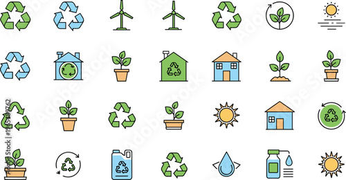Eco Friendly Recycling and Renewable Energy Icon Set with Green Houses Plants Wind Turbines Solar Symbols for Sustainable Environmental Design