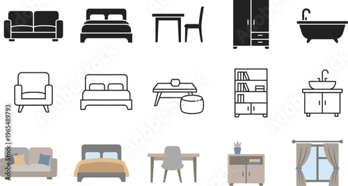 Furniture Icon Set with Sofa Bed Table Chair Wardrobe Bathroom Sink Bookshelf and Home Interior Elements for Modern House Design