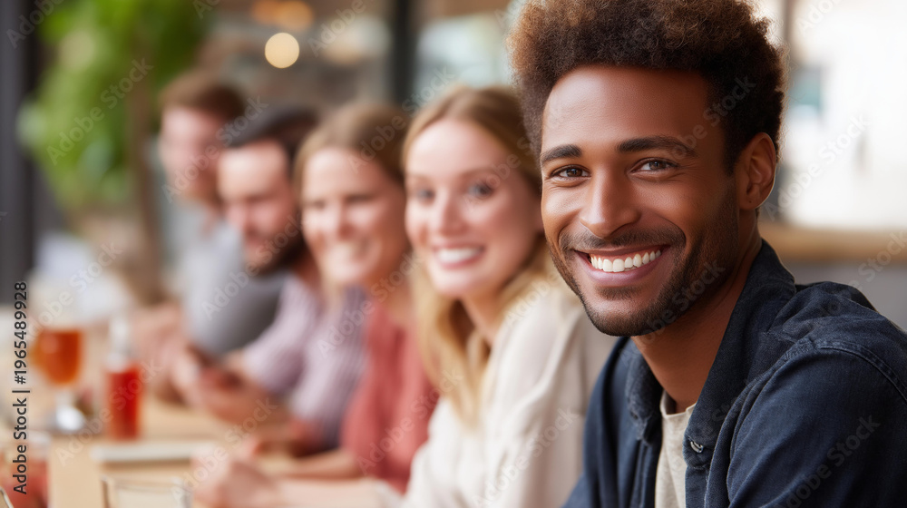 Fototapeta premium Group of friends sitting around a table with drinks and smiling, social gathering and friendship lifestyle concept, defocused background, with copy space