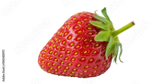 Photos Isolated vibrant red ripe garden strawberry with green stem, fresh organic healt