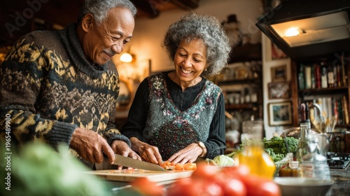 Older couple preparing food together in a cozy kitchen filled with fresh vegetables and warm decorations