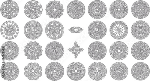 Gray Mandala Patterns Isolated on White Background