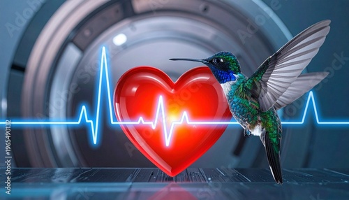 A radiant hummingbird hovers beside a glowing red heart framed by an ECG rhythm, symbolizing vitality, health, and the harmony of nature with life’s energy.