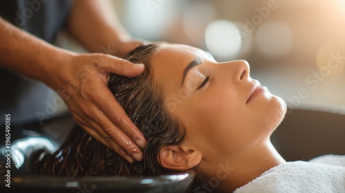 Woman enjoying head massage during hair wash in salon