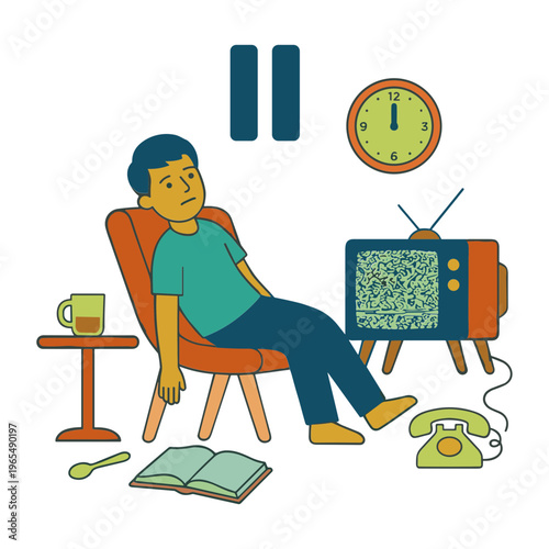 Man sitting on chair watching television with clock and phone nearby