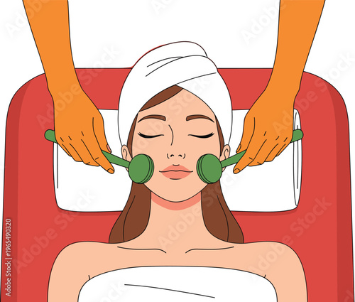 Facial Treatment with Green Rollers for Skin Care, Relaxation, and Beauty Therapy in a Spa Setting