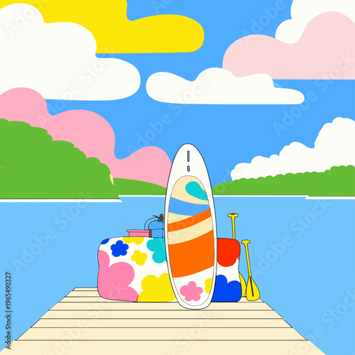 Folded Inflatable Paddleboard with Gear on a Dock