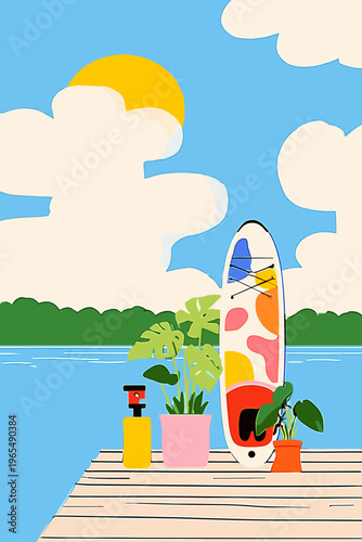 Folded Inflatable Paddleboard with Gear on a Dock