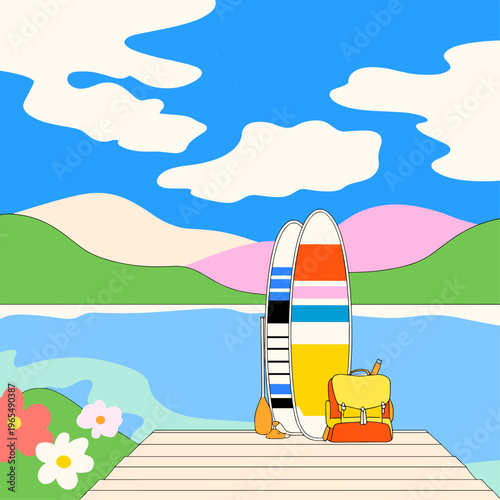 Folded Inflatable Paddleboard with Gear on a Dock