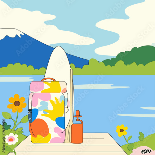 Folded Inflatable Paddleboard with Gear on a Dock