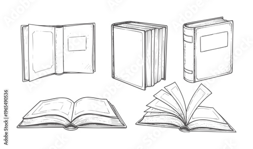 Hand drawn collection of open and closed books in style vintage literature