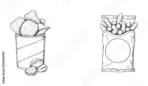 Hand drawn potato chips in a tube and snack sticks in a bag food handdrawn