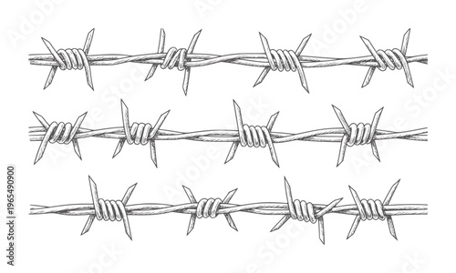 Three horizontal rows of hand drawn barbed wire with sharp points metal