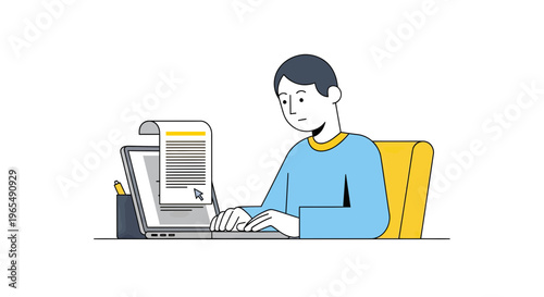 Young Man Working on Laptop at Desk Writing Document and Typing on Keyboard Illustration