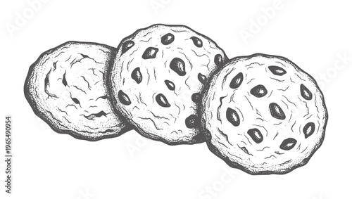 Three textured chocolate chip cookies in a vintage style chips