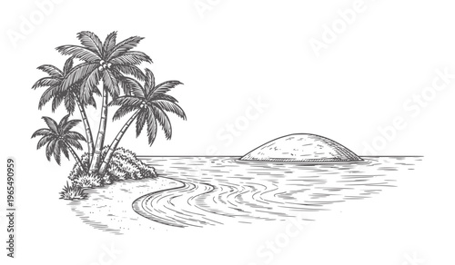 Tropical island with palm trees and a small rocky outcrop in the ocean