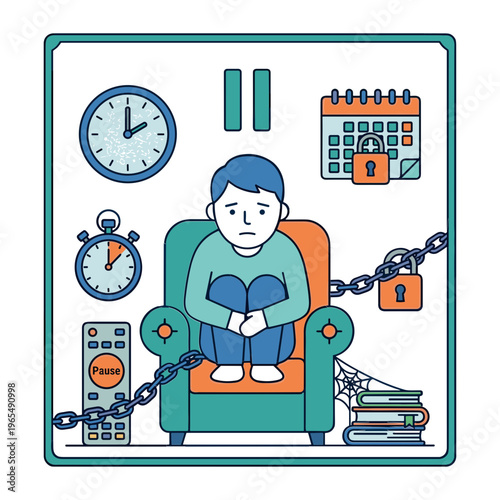 A man sits dejected in a chair surrounded by chains clocks and books