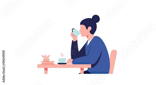 Young woman sitting at a table and drinking coffee or tea, relaxing morning routine or break time in a minimalist flat vector illustration
