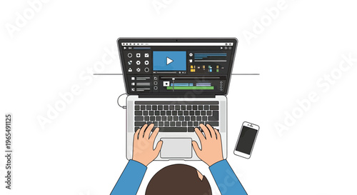 Overhead View of Video Editor Working on a Professional Software Interface on a Laptop at a Minimalist Desk