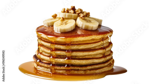 Konstfotografi Isolated stack of golden pancakes with maple syrup, sliced bananas, and chopped