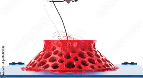Red 3D Printer Object on Blue Platform with Wire