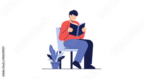 Young man sitting on a chair reading a book, leisure activity and education concept vector illustration