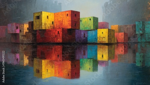 Colorful stacked box buildings reflecting in water; foggy background gives surreal feel