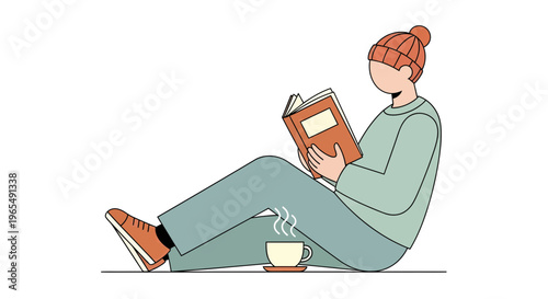 Young person sitting on the floor and reading a book with a hot cup of tea or coffee, cozy leisure time and home activity concept vector illustration