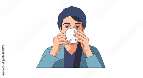 Vector Illustration of a Young Man Wearing a Beanie Drinking Coffee or Tea from a White Cup, Lifestyle Portrait Isolated on White