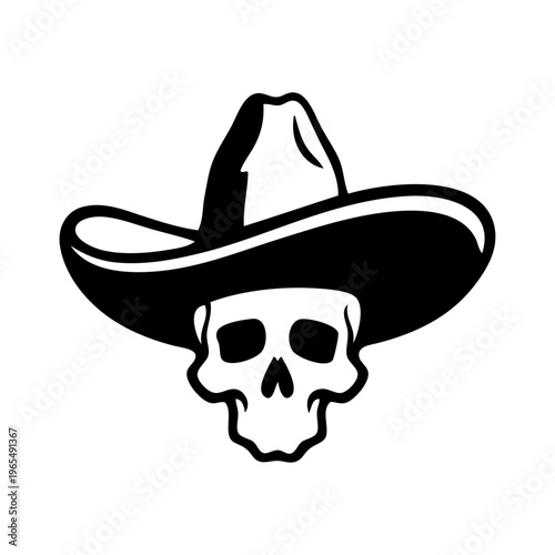 Logotipo con dibujo minimalista de calavera con sombrero mexicano, para el Día de los Muertos en México o fiesta de Halloween