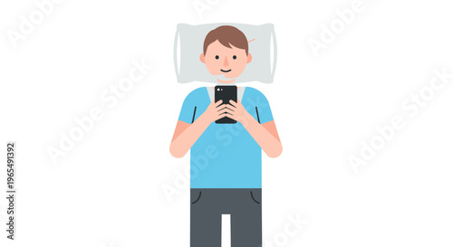 Young man lying on a pillow using a smartphone illustration, digital life and mobile addiction concept