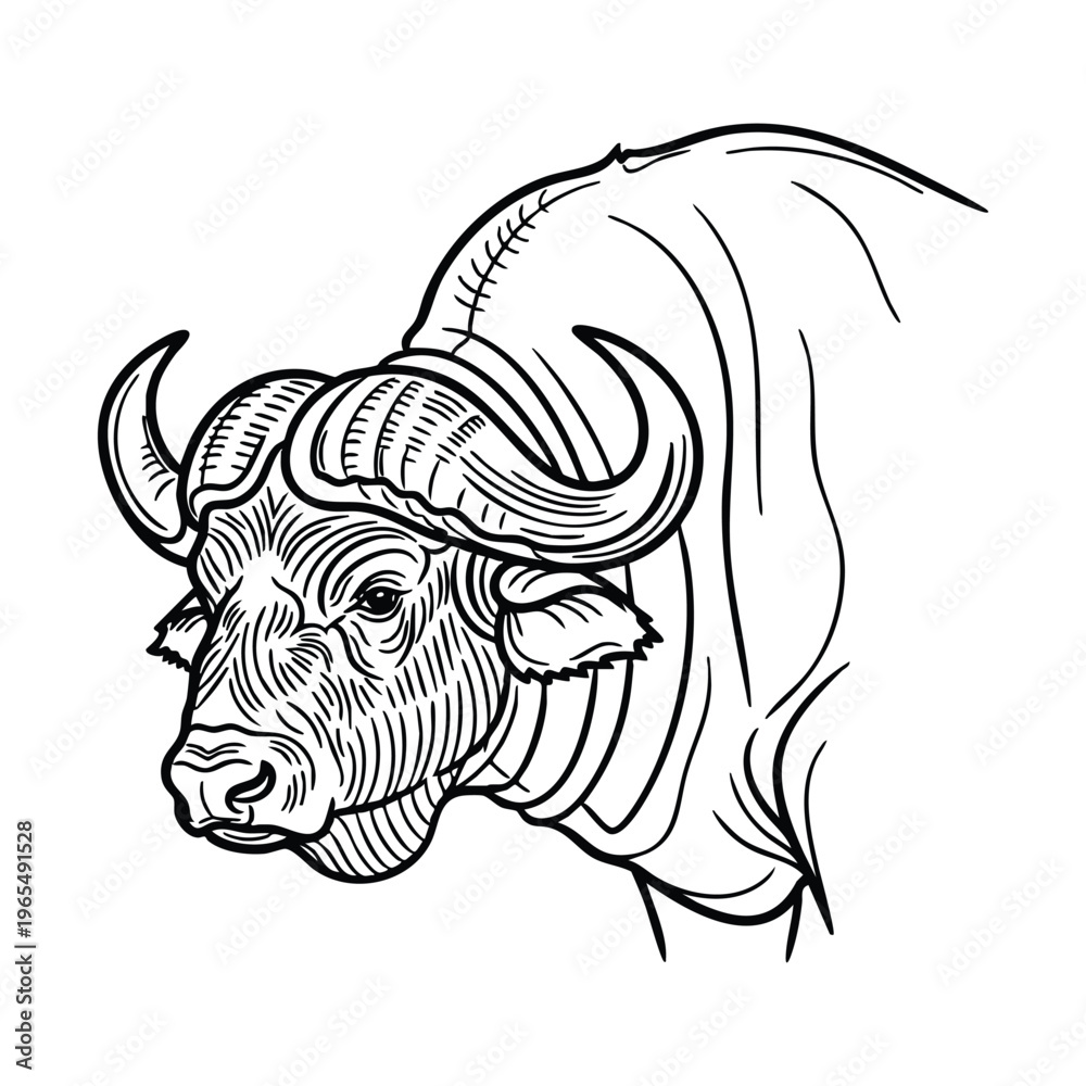 Obraz premium A detailed black and white line art drawing of a powerful buffalo head with large horns, showcasing intricate details.